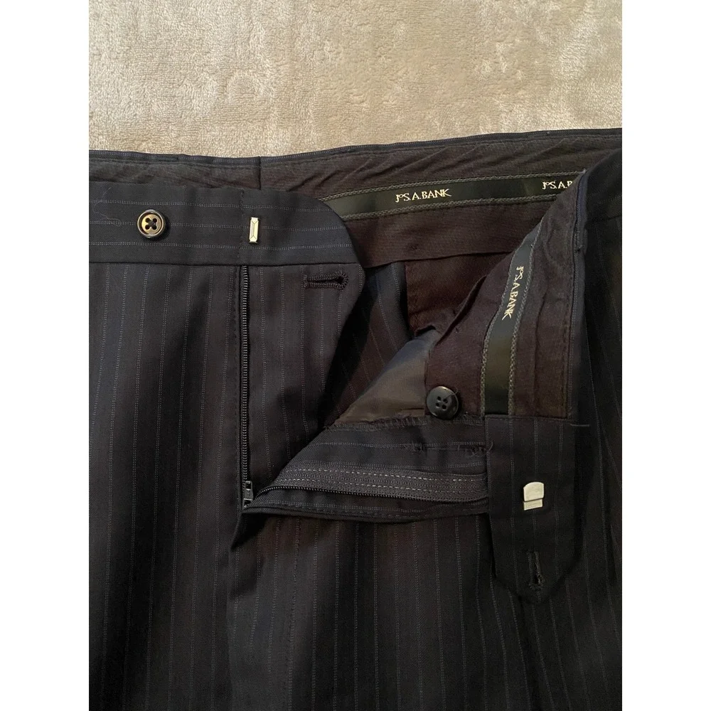 Jos. A. Bank 2pc Suit 46L 38x32 Navy Blue Signature Collection Stripe Cuff Wool